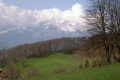 Blick hinunter zum See und den umliegenden Bergen